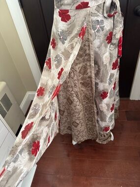 Unique Silk Reversible Maxi Floral Wrap Skirt with Red Flower Accents Paisley